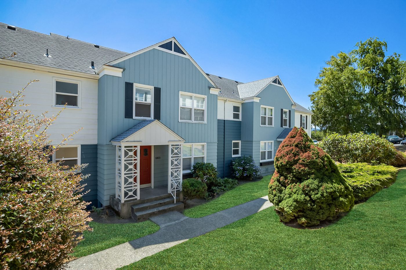 Renovated building entry at The View at Manette